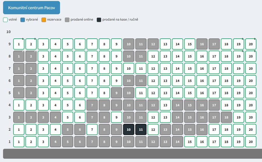 Prodej na kase v systému xticket – mapa sálu s volnými a prodanými místy
